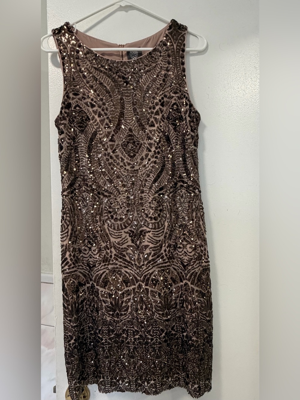Vince Camuto Bronze and Gold Sequined Sleeveless Cocktail Dress
